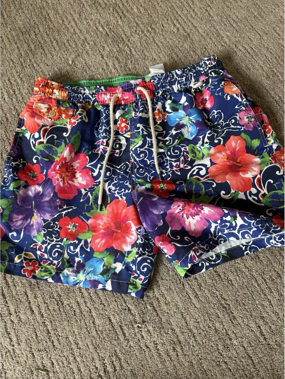Polo Ralph Lauren Mens Navy Floral Polo Bear Aloha Swim Trunks Shorts Size L